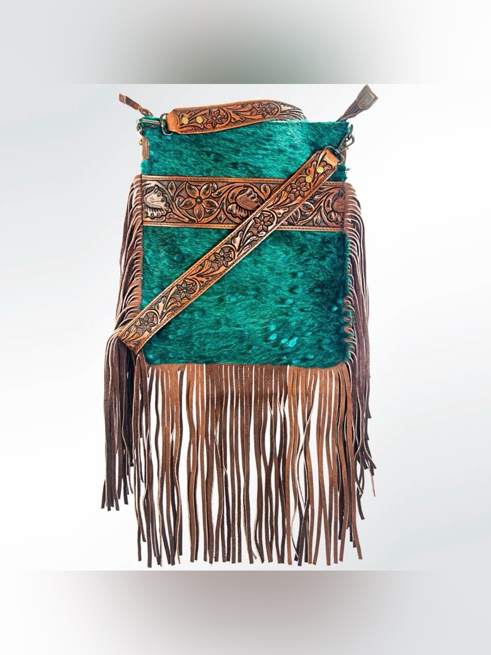 Western darling Turquoise Fringe Crossbody Bag with Tooled Leather Strap - Picture 2 of 4